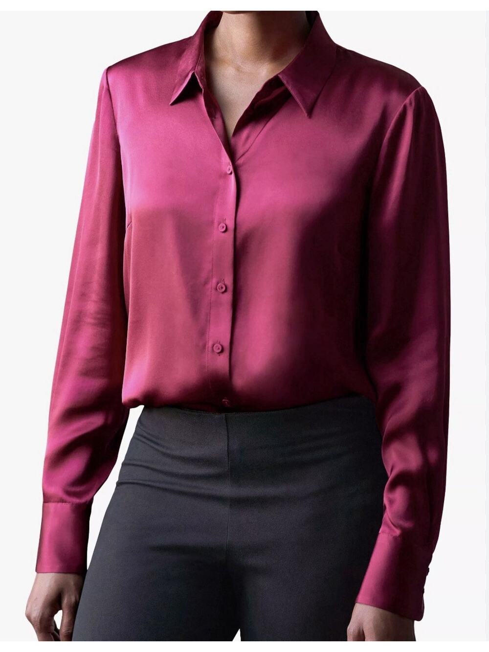 PURE Collection Sand Washed Pure Silk Satin Blouse Raspberry Sz 2 A004140